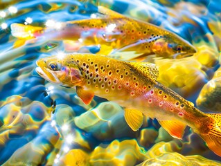 Wall Mural - Two brown trout swimming in a river.