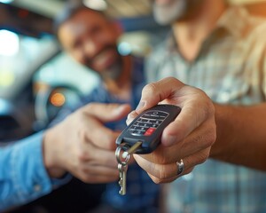 Smiling customer receiving car keys from dealer, business car rental or sale, happy transaction, modern dealership