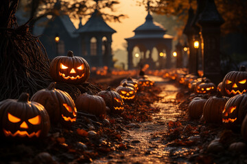 a glowing pumpkin patch at dusk, with jack-o'-lanterns casting eerie shadows