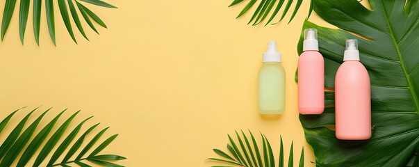 Beauty bottles on colorful background, tropical foliage, left blank space, stylish and fresh