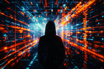 Wall Mural - a hood man hacker in cyberattack mode, visualization of cybersecurity breach, digital environment of