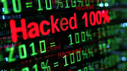Wall Mural - hacked text on bits and bytes binary code on a dark background. concept of hacking cybersecurity. ai