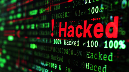 Wall Mural - hacked text on bits and bytes binary code on a dark background. concept of hacking cybersecurity. ai