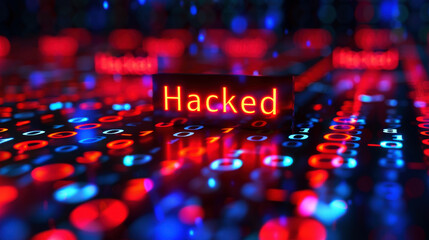 Wall Mural - hacked text on bits and bytes binary code on a dark background. concept of hacking cybersecurity. ai