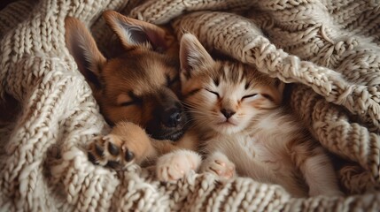 Cat and dog sleeping. Puppy and kitten sleep. 