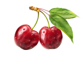 Two fresh cherries with leaves isolated on a transparent background, with a detailed illustration.