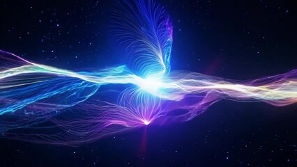 vibrant blue and purple energy waves intertwine against a dark starry background. luminous streaks o
