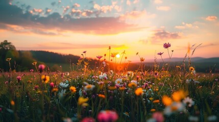 Poster - The calming effect of a sunset over a field of wildflowers, the sky turning into a canvas of warm colors, is a moment of natural beauty.