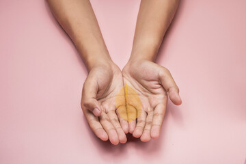 Poster - A human hand showing a colored dry leaf on his palm