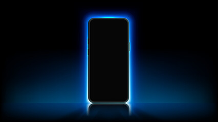 Neon Blue Light Smartphone Mock up Vector Illustration. Futuristic Mobile Screen with Glowing Shadow. Vector.