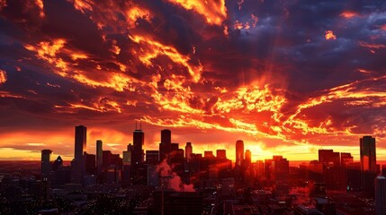 Sticker - The city skyline at sunset, with skyscrapers silhouetted against a fiery sky, creates a stunning and dramatic urban landscape.