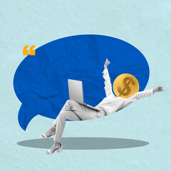 Wall Mural - A businesswoman with the head of the golden dollar coin with a laptop leaning on a speech bubble