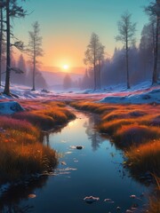 Poster - Serene Winter Sunset Over a Still Stream.