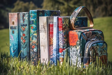 Wall Mural - A collection of school books with artistic covers, neatly arranged beside a stylish backpack on a grassy knoll