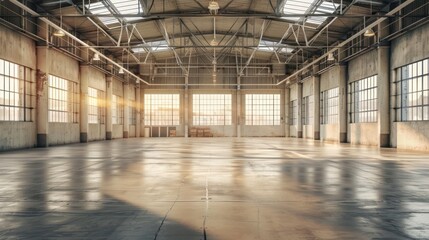 Spacious and vacant warehouse with natural light coming through windows. 