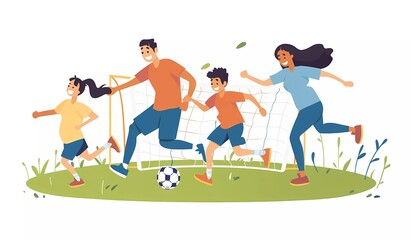 Family playing soccer, a father and mother with two children in the park in a flat vector illustration