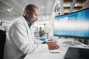 Aufkleber - Computer screen, science and typing with man in laboratory for medical or pharmaceutical research. Desktop, innovation and report with African scientist at work for analysis, development or info