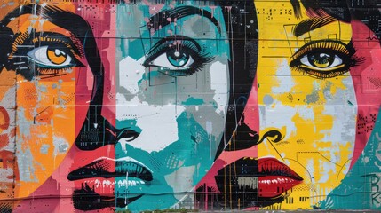 Vibrant street art mural depicting two expressive faces with vivid colors and intricate details on an urban wall.