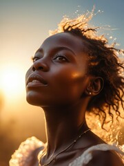 Canvas Print - Woman looking up at the sunset.