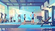 © munja02 - Flat vector illustration of people exercising in gym, fitness club interior with equipment and dumbbells,