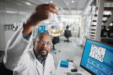 Wall Mural - Computer screen, science and solution with man in lab for medical or pharmaceutical research. Innovation, sample and study with African scientist at work for analysis, development or experiment