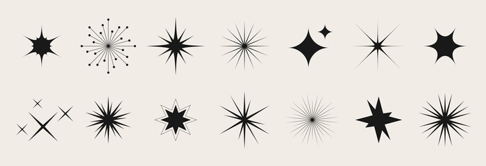 Blinking stars, sparks and sparkles set. Shining twinkle sunburst shapes collection. Magic light flares pack for design template, poster, banner, brochure, leaflet. Vector glint glitter illustration