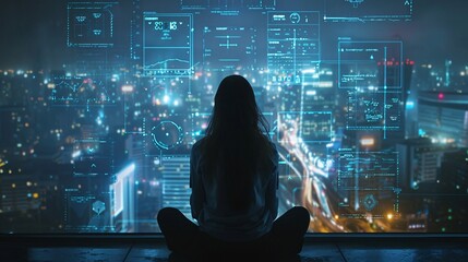 Wall Mural - Future Tech Integration: Woman Surfing Internet Overlaid with IoT Smart City