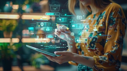 Woman Using Digital Tablet with Holographic Interface suitable for business background, posters, wallpapers, banners, greeting cards, and advertising for business entities or brands.