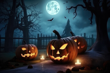 generated illustration scary pumpkins stack,full moon nighttime,dark landscape castle and graveyards.