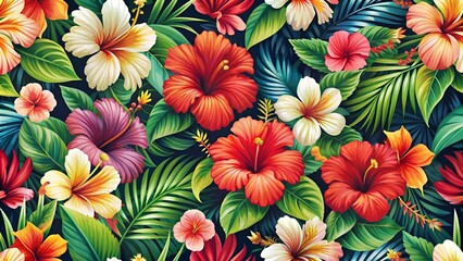 Wall Mural - Collage contemporary hibiscus floral hawaiian pattern in vector. Seamless surface design.