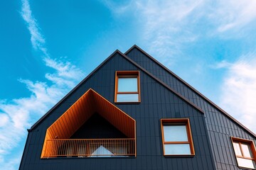 a blue house with orange railing