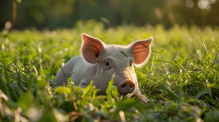 Wall Mural - Pig on green field. 