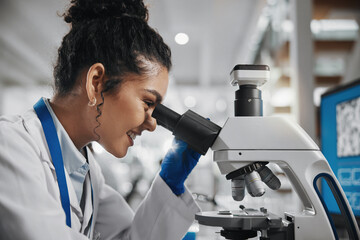 Aufkleber - Microscope, woman check and research of science study with healthcare, scientist and laboratory work. Analysis, testing and medical professional with microplastic investigation for scientific journal