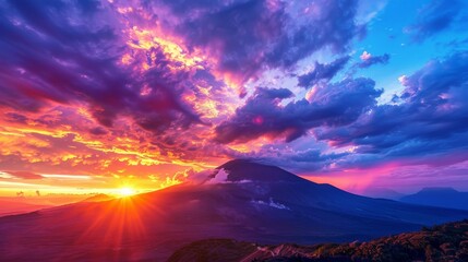 Sticker - The dramatic beauty of a sunset over a volcano, the sky ablaze with color as the sun sets behind the peak, highlights nature's power and beauty.