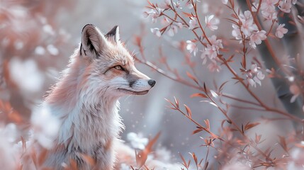 Poster - A serene fox surrounded by blooming flowers in a soft, pastel-colored environment.