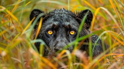 Canvas Print - Close-up of a black panther with yellow eyes hiding in tall grass