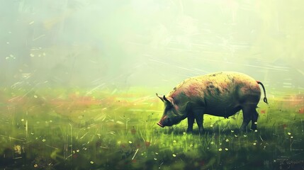 Wall Mural - Pig on green field. 