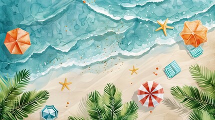 Natural beach flat design top view theme vacation watercolor vivid