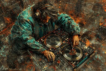 Wall Mural - DJ with futuristic setup and vibrant energy creating an electrifying performance