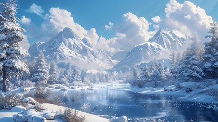 Wall Mural - an untouched winter landscape, with a blanket of snow glistening under an azure sky, capturing the majestic and invigorating essence of winter.