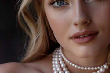 Wall Mural - Close up portrait of beautiful woman wearing three white pearl necklaces isolated on black background, detailed illustration, high resolution photography, professional photograph, high definition, HDR