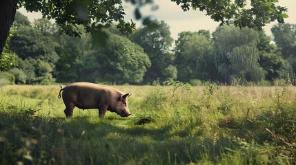 Wall Mural - Pig on green field. 