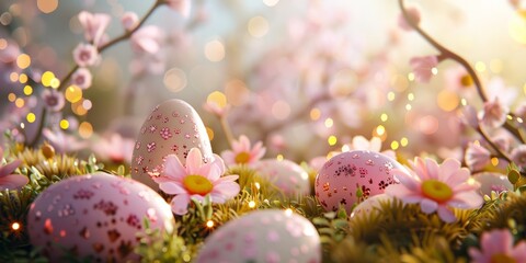 Wall Mural - Whimsical Easter Eggs and Blossoms in a Sunlit Meadow