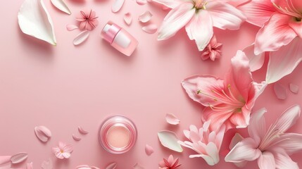 Soft pink beauty products and lily flowers scattered, ideal for beauty and skincare concepts Harmonious and delicate arrangement for spa