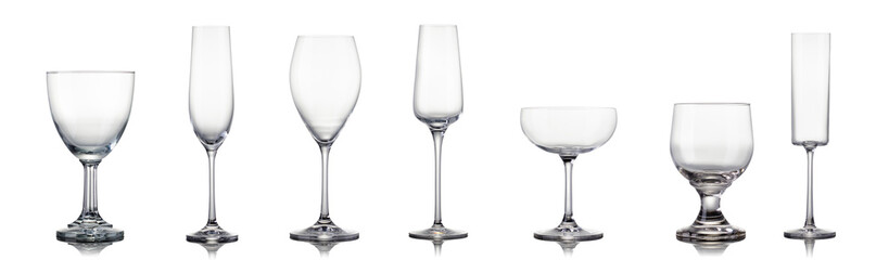 Poster - Set of different empty glasses for drinks and cocktails on white background