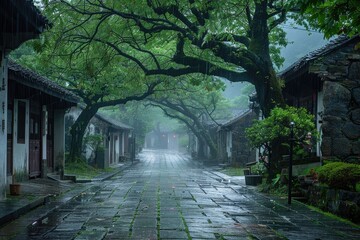  Scenic rainy village pathway under arching trees wet stones
