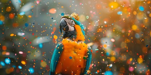 Wall Mural - Vibrant Macaw amidst Colorful Confetti Celebration