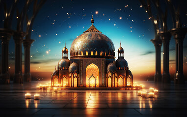 generated illustration of ramadan kareem background with arabic lanterns and mosque