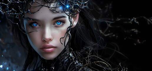 Wall Mural - A beautiful woman with cybernetic implants and glowing blue eyes, adorned in intricate armor made of metallic vines. She has long dark hair tied back behind her head. 