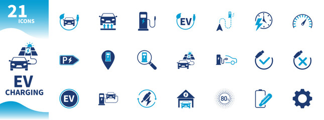 Electric vehicle charging icon. Set of icons for charging station, car, location, energy, charging port,...